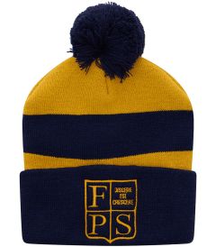 HTS-25-FPS - KNITTED BOBBLE HAT WITH SCHOOL - Navy/gold/logo - One