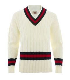JMP-07-ACY - Cable Knit Cricket Jumper - Off White/Navy/Red