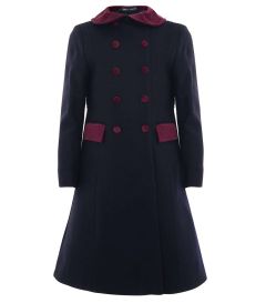 CAT-14-WOL - Velvet trimmed coat - Navy/maroon